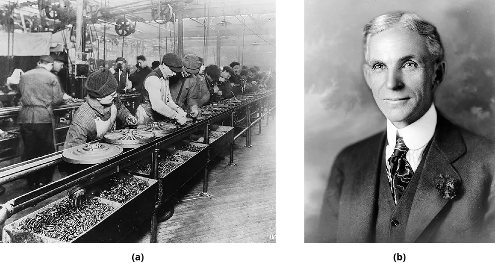 Figure 4.4 In 1913, workers are shown laboring on a Ford assembly line (a) in Highland Park, Michigan. In Dodge v. Ford Motor Company (1919), the Michigan Supreme Court ruled that Henry Ford (b) must operate the Ford Motor Company primarily in the profit-maximizing interests of its shareholders rather than in the broader interests of his workers and customers. (credit a: modification of “Ford assembly line - 1913” by unknown/Wikimedia Commons, Public Domain; credit b: modification of “Portrait of Henry Ford” by Hartsook/Wikimedia Commons, Public Domain)