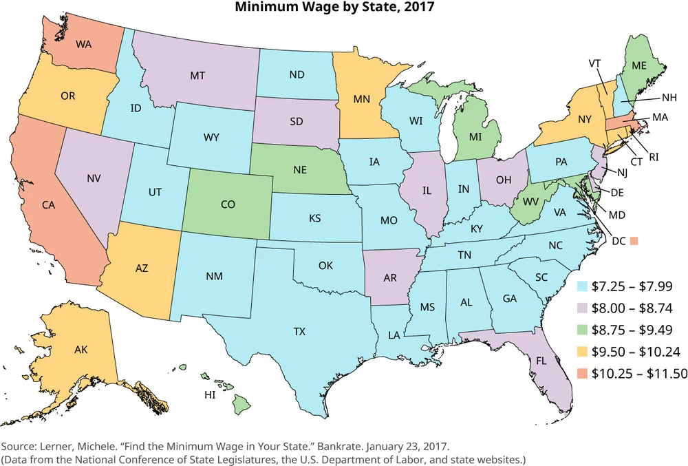 Figure 6.9 As of 2017, there is a patchwork quilt of state-level minimum wage laws. (attribution: Copyright Rice University, OpenStax, under CC BY NC-SA 4.0 license)