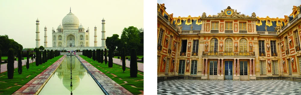 Figure 5.6 Just as concepts of time and space vary from culture to culture, so do the influence of religious tradition and authority on ethics and what is considered appropriate behavior, whether individual or corporate. The Taj Mahal is not the Palace of Versailles. (credit left: modification of “Taj Mahal” by Suraj rajiv/Wikimedia Commons, CC BY 4.0; credit right: modification of “Cour de Marbre du Château de Versailles October 5, 2011” by Kimberly Vardeman/Wikimedia Commons, CC BY 2.0)