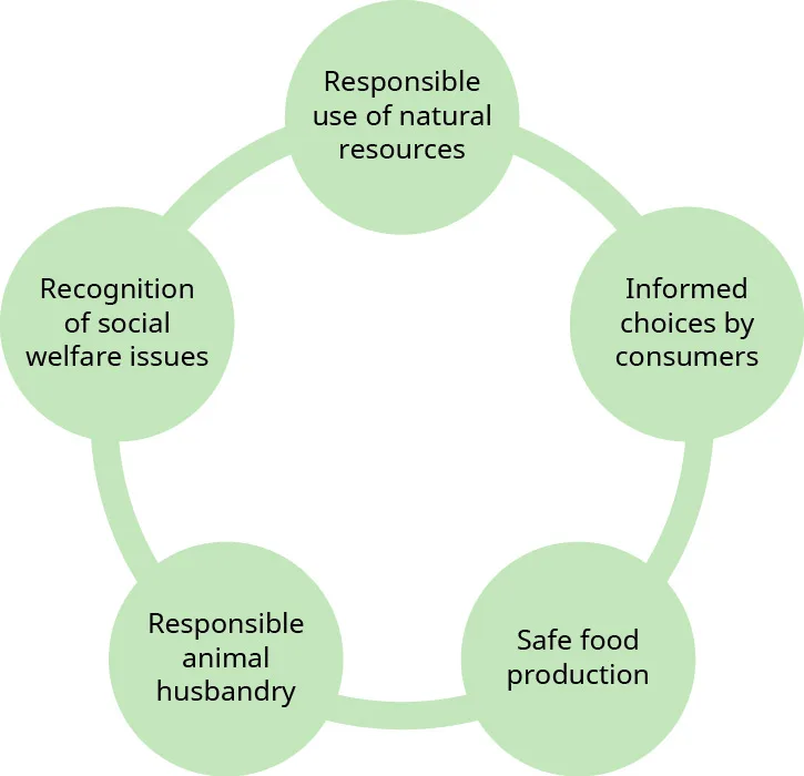 Figure 8.11 Each of the ethical considerations relating to agribusiness is interdependent with the others. For example, safe food production is a responsible use of natural resources, and consumers want to make informed choices based on responsible animal husbandry. (attribution: Copyright Rice University, OpenStax, under CC BY NC-SA 4.0 license)