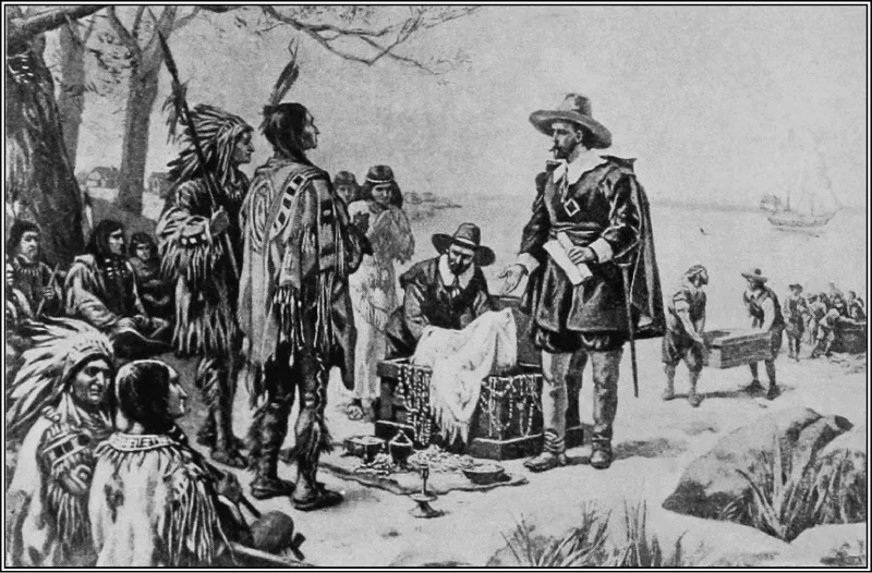 Figure 5.2 The 1626 purchase of Manhattan as depicted by Alfred Fredericks in The Popular Science Monthly of 1909. (credit: “The Purchase of Manhattan Island” by “Ineuw”/Wikimedia Commons, Public Domain)