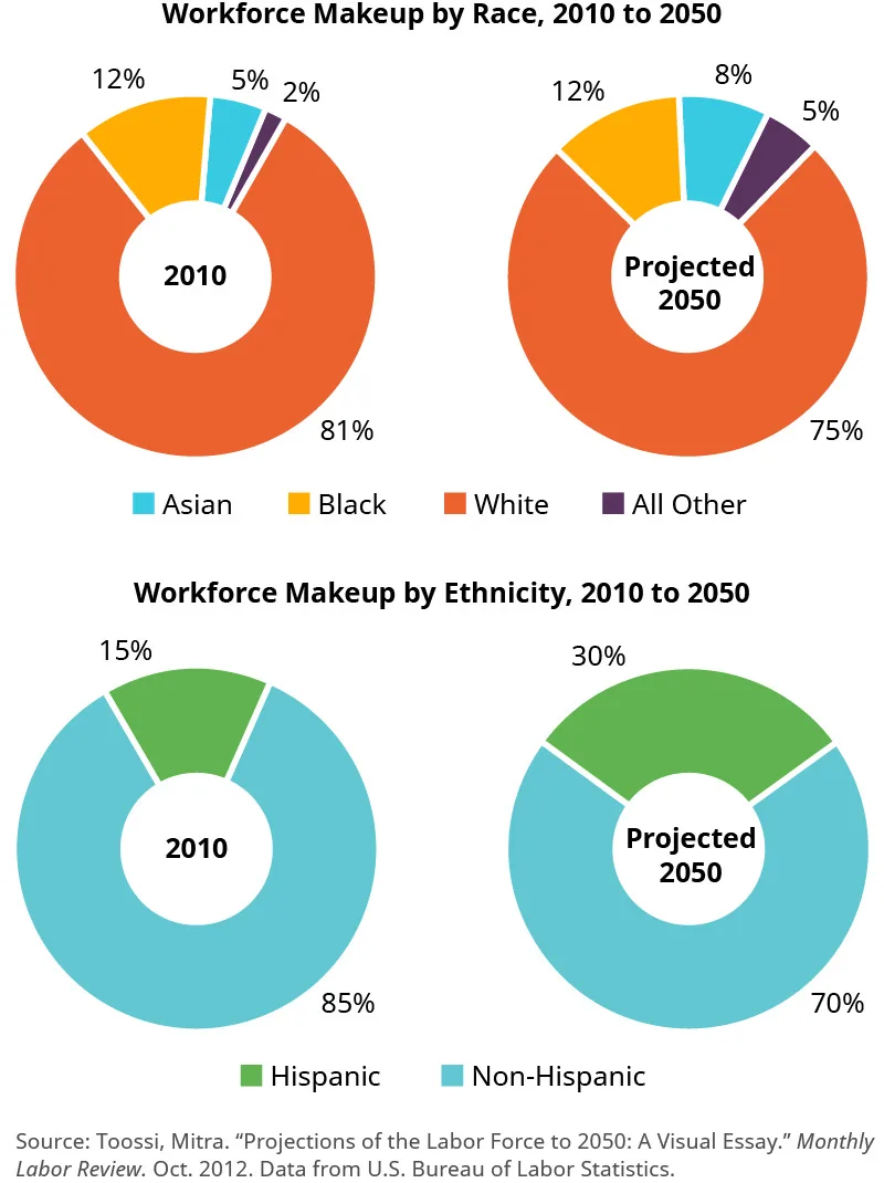 Figure 8.2 There is a distinct contrast in workforce demographics between 2010 and projected numbers for 2050. (credit: attribution: Copyright Rice University, OpenStax, under CC BY NC-SA 4.0 license)