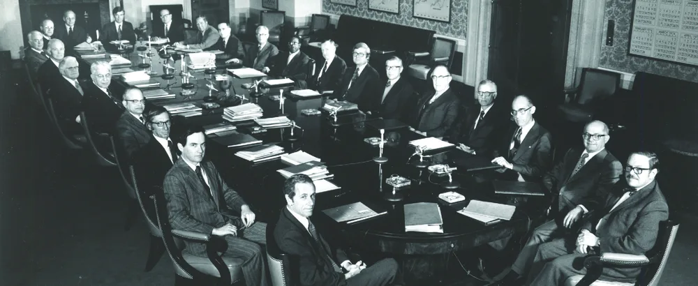 Figure 6.1 Fifty years ago, corporate and regulatory boardrooms were almost exclusively male and White, as this meeting of the Federal Open Market Committee, an executive committee of the Federal Reserve banking system, demonstrates. How much has this changed today? (credit: modification of “FOMC meeting, 1970s” by Harris & Ewing/Wikimedia Commons, Public Domain)