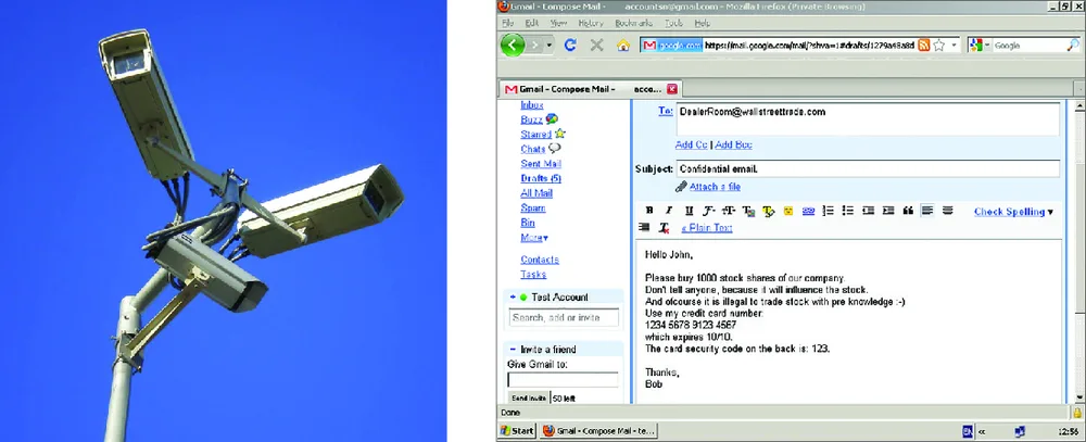 Figure 6.14 Electronic monitoring often captures data from cameras, computers, and listening devices. This information can then be used against employees accused of violating company policy, raising privacy concerns. (credit left: modification of “Surveillance video cameras, Gdynia” by Paweł Zdziarski/Wikimedia Commons, CC 2.5; credit right: credit: modification of “Keylogger-screen-capture- example” by "FlippyFlink"/Wikimedia Commons, Public Domain)