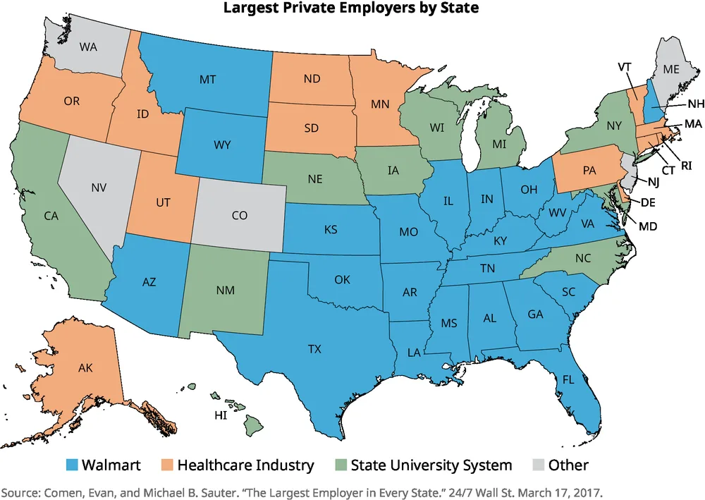 Figure 11.3 According to Walmart, ninety percent of people in the United States live within ten miles of one of its stores.15What does this say about the nature of for-profit business in the United States? What might such a map have looked like one hundred years ago? (attribution: Copyright Rice University, OpenStax, under CC BY NC-SA 4.0 license)