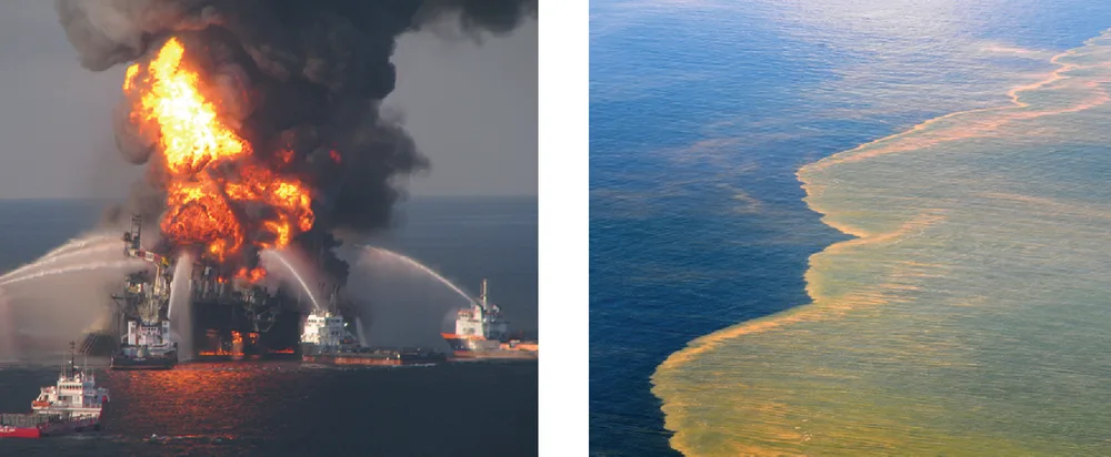 Figure 4.11 The 2010 Deepwater Horizon oil rig fire and resulting river of oil in the Gulf of Mexico. (credit left: modification of “Deepwater Horizon offshore drilling unit on fire” by the US Coast Guard/Wikimedia Commons, Public Domain; credit right: modification of “Defense.gov photo essay 100506-N-6436W-023” by Michael B. Watkins/Wikimedia Commons, Public Domain)