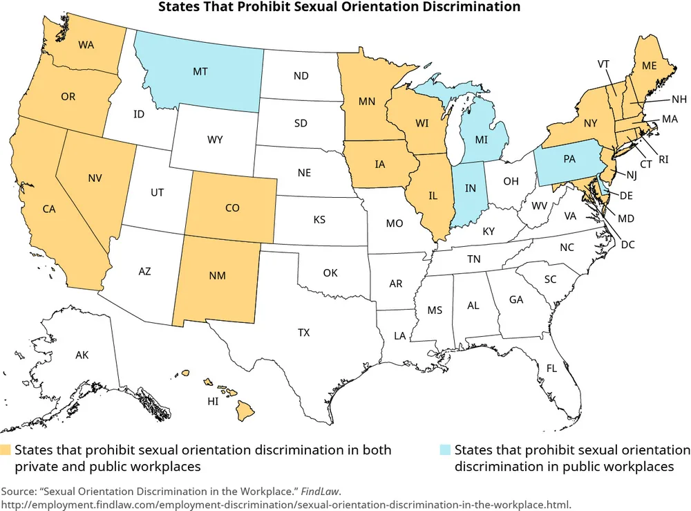 Figure 8.7 In addition to federal laws, many states have laws that provide protections and guarantees to LGBTQ people. (attribution: Copyright Rice University, OpenStax, under CC BY NC-SA 4.0 license)