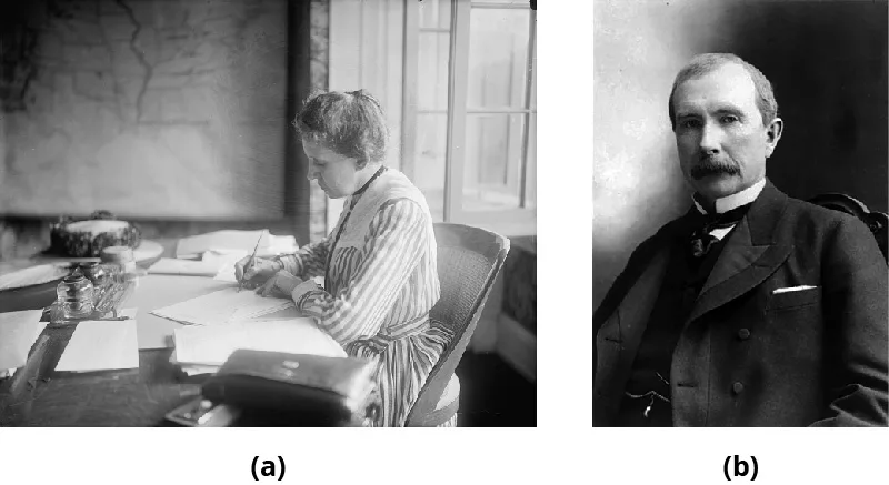 Figure 5.5 Ida Tarbell (a) was a pioneer of investigative journalism and a leading “muckraker” of the Progressive Era. She is perhaps best known for her exposé of the business practices of John D. Rockefeller (b), founder of the Standard Oil Company. (credit a: modification of “TARBELL, IDA M.” by Harris & Ewing/Library of Congress, Public Domain; credit b: modification of “John D. Rockefeller 1885” by “DIREKTOR”/Wikimedia Commons, Public Domain)