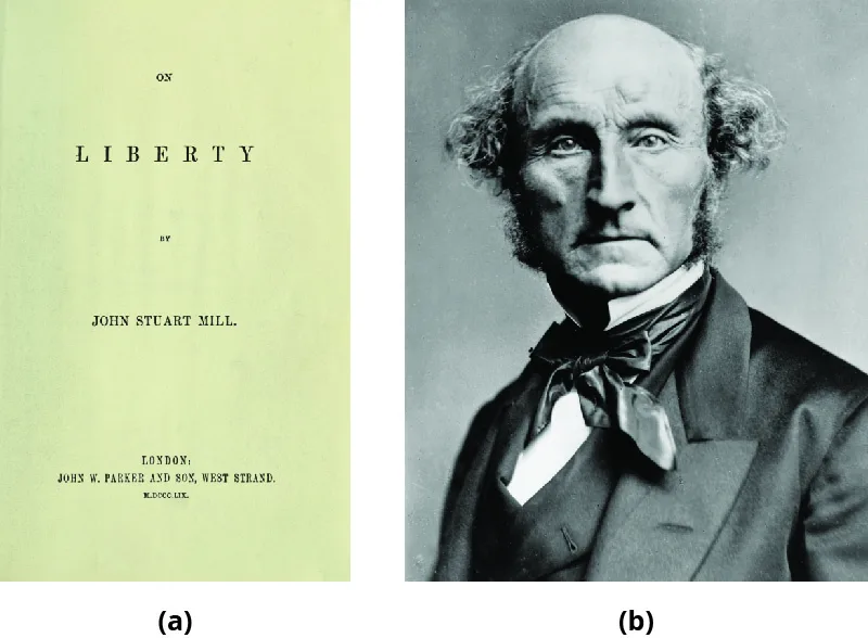 Figure 2.8 In On Liberty (1859) (a), John Stuart Mill (b) combined utility with human rights. He emphasized the importance of free speech for correcting error and creating value for the individual and society. (credit a: modification of “On Liberty (first edition title page via facsimile)” by “Yodin”/Wikimedia Commons, Public Domain; credit b: modification of “John Stuart Mill by London Stereoscopic Company, c1870” by “Scewing”/Wikimedia Commons, Public Domain)