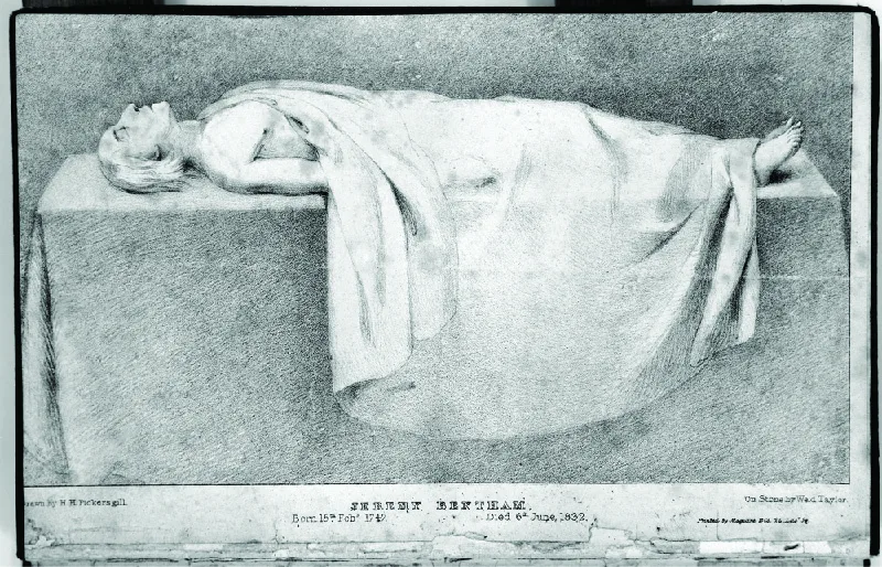 Figure 2.7 At his request, Jeremy Bentham’s corpse was laid out for public dissection, as depicted here by H.H. Pickersgill in 1832. Today, his body is on display as an “auto-icon” at University College, London, a university he endowed with about half his estate. His preserved head is also kept at the college, separate from the rest of the body.) (credit: “Mortal Remains of Jeremy Bentham, 1832” by Weld Taylor and H. H. Pickersgill/Wikimedia Commons, CC BY 4.0)